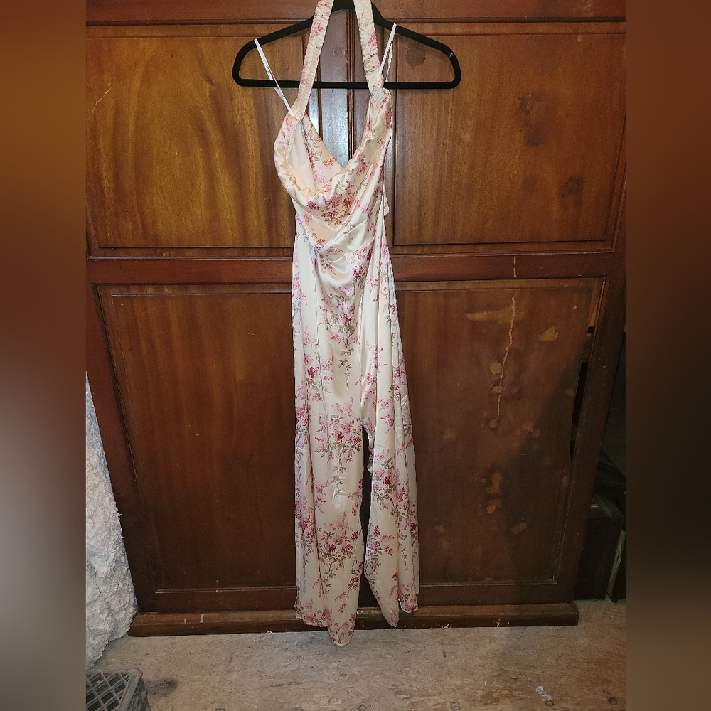Lulu's Floral Halter Jumpsuit in Pink and Cream